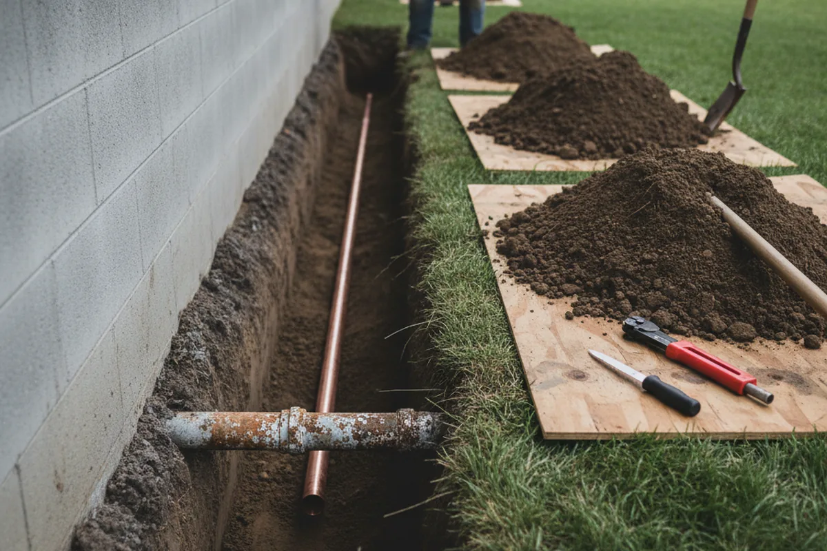 Excavated water line trench during Sewer Line Repair in Saint Albans